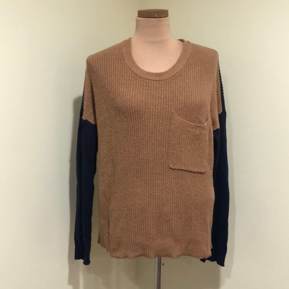Madewell Thompson Pocket Sweater Size Small Camel Brown Navy Blue Colorblock - Picture 2 of 11